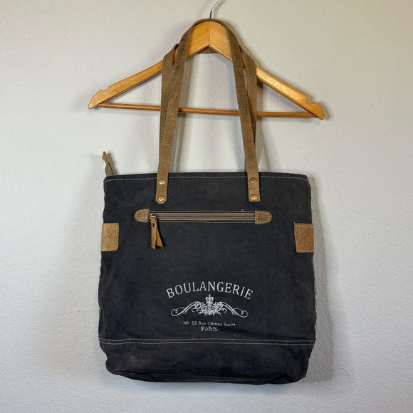 Myra Bag Boulangerie Paris Cowhide Leather Canvas Tote Shoulder Bag - Picture 1 of 14
